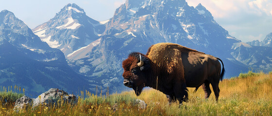 a image of a bison, blur nature background, with empty copy space	