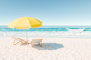 tranquil beach setting with a bright yellow sun umbrella and wooden lounge chairs on white sand, facing the turquoise ocean waves. Holidays concept.