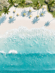 overhead view of a white sandy beach with sun umbrellas and palm tree shadows, tropical paradise concept.