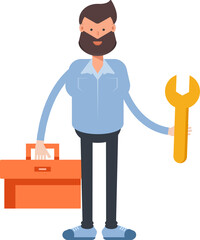 Beard Man Character Holding Toolbox and Wrench
