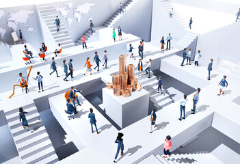 Business people working together around gold coin stacks. Abstract business environment with stair and people working together. 3D rendering