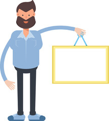 Beard Man Character Holding Blank Signage
