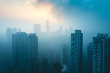 The city are covered by heavy smog of air pollution, PM 2.5 and dust. Health problem concept