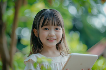Portrait of smiling Asian girl using tablet. Education and technology, screen addiction concept