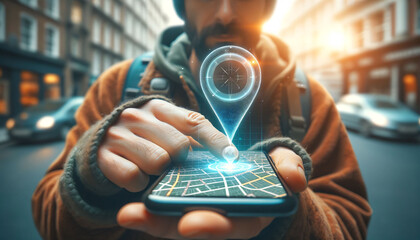 Tourist Finding Location with Holographic Map on Phone - obrazy, fototapety, plakaty