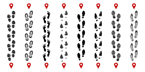 Tagged chains of shoe tracks. Footsteps routes tracking. Starting and ending way points. Footwear soles imprints. Boots footprints. Navigation pins. Footmarks pathway. Recent vector set