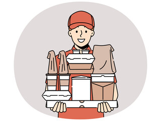 Smiling male courier with boxes in hands show good quality service. Happy deliveryman in uniform deliver order to customer. Vector illustration.