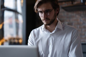 Obraz premium Business portrait - businessman sitting in in office working with laptop computer. Middle age man in 30s with happy confident smile