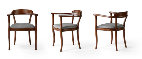 chair isolated on white background . wooden and fabric furniture . different angle