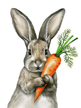rabbit with carrot illustration (crayons and watercolor style) - Easter bunny on transparent background clipart