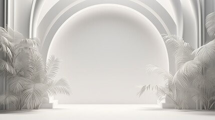 Abstract white studio background for product presentation. Empty room with shadows of window and flowers and palm leaves . 3d room with copy space. Summer concert. Blurred backdrop