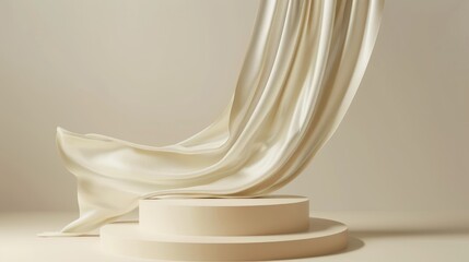 Beige silk fabric elegantly drapes over a cylindrical concrete pedestal