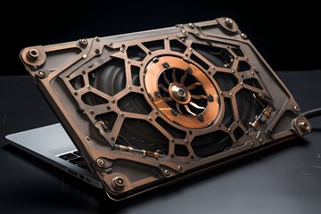 High-definition image of a stylish laptop cooling pad with a modern, industrial design