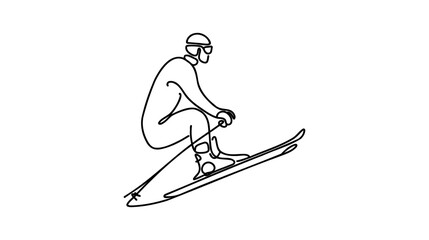 Fototapeta premium Thin one continuous line illustration drawing skier, skiing, descent from the mountain. Winter sport and tourism concept