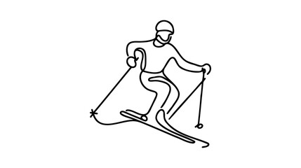 Thin one continuous line illustration drawing skier, skiing, descent from the mountain. Winter sport and tourism concept
