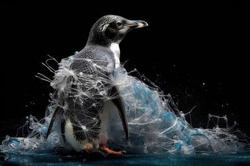 Penguin bird tangled in fishing net on black background.