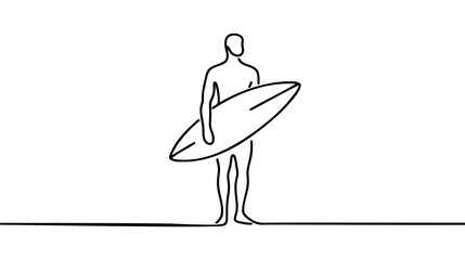 Continuous one single drawn surfer line on a surfboard on the crest of a wave on the beach