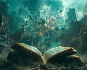 A fairy tale book opening to reveal a sci fi movie where a family battles a virus in a dystopian hell