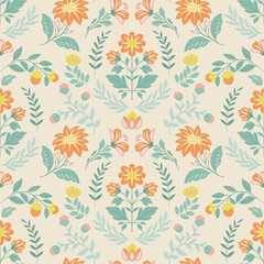Fototapeta na wymiar Seamless pattern with folk art design elements. Folk vector illustration with hares and Easter eggs on a white background. Scandinavian traditional motif
