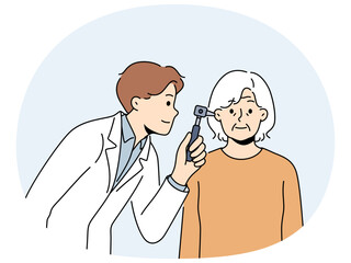 Male doctor examine elderly female patient ear. Man GP or otolaryngologist do checkup or exam of old grandmother in clinic. Vector illustration.