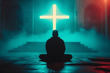 Christian man praying in front of the cross.