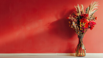 Minimalistic light background with a Bouquet of dried colorful flowers in a vase on a light red wall with empty copy space