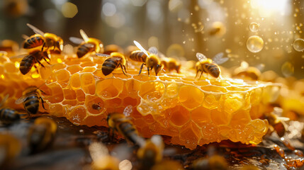 Honey bees on honeycomb in apiary in summertime - obrazy, fototapety, plakaty