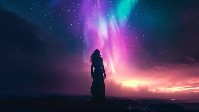 Night Sky Harmony: Ethereal Woman Embracing Northern Lights
