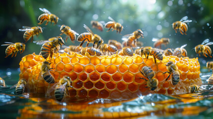 Close up view of the working bees on honey cells - obrazy, fototapety, plakaty