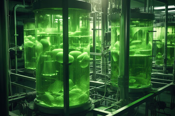 Algae fuel research in a lab for the biofuel industry. Algae-based biofuel is a sustainable alternative to traditional fossil fuels, utilizing algae as a natural resource.