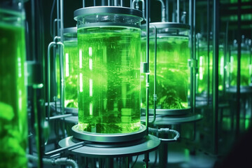 Algae fuel research in a lab for the biofuel industry. Algae-based biofuel is a sustainable alternative to traditional fossil fuels, utilizing algae as a natural resource.
