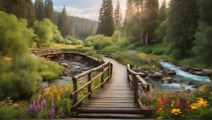 A rustic wooden bridge stretches across a serene river, surrounded by lush green trees and colorful wildflowers.