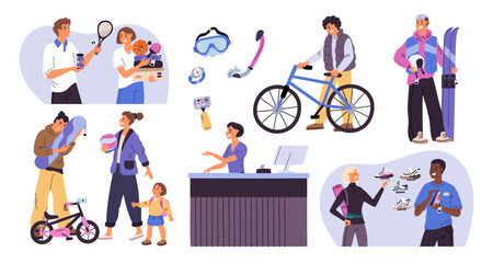 Buyers in sport store. People choose sneakers and sportswear. Happy shop visitors buy skis and bicycles. Consultants help with choice. Seller at cashier. Garish vector shopping set
