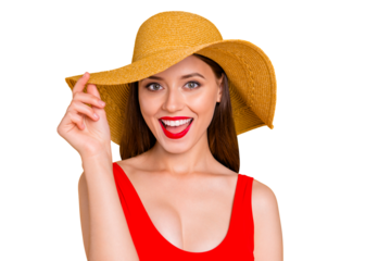 Closeup photo portrait of cheerful cool joyful excited amazed astonished beautiful girl with stylish make-up touching wide brim on trendy hat laughing at camera isolated vivid background