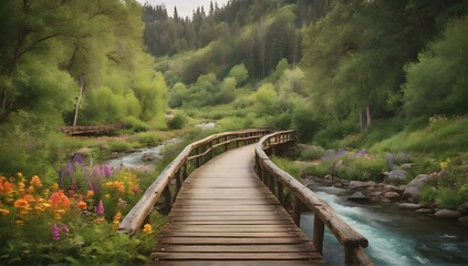 A rustic wooden bridge stretches across a serene river, surrounded by lush green trees and colorful wildflowers. - Powered by Adobe