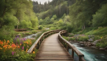Papier Peint photo Lavable Route en forêt A rustic wooden bridge stretches across a serene river, surrounded by lush green trees and colorful wildflowers.