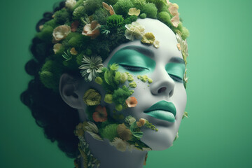 Portrait of a beautiful woman with a green floral plants on her face.