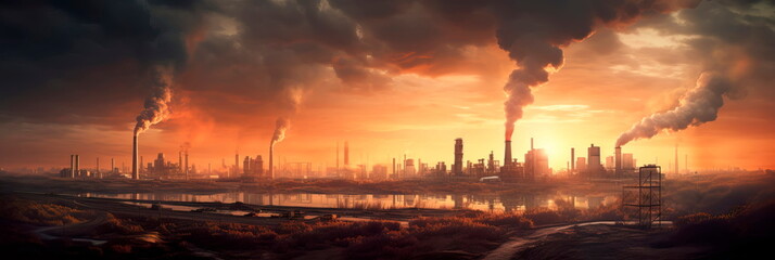 industrial cityscape with silhouettes of factories and smokestacks against the skyline. Generative...