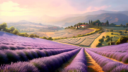 Wonderful lavender fields in pastel and soothing colors . Generative Ai