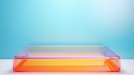 Bright colourful abstract background made by transparent and ribbed acrylic glass. Empty showcase for makeup and cosmetics product commercial. Podium for new package demonstration and advertisement
