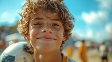 football player holding a ball on a bright summers day
