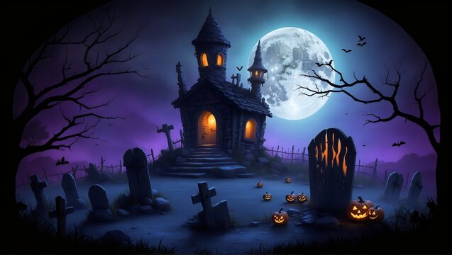 A chilling Halloween scene with a graveyard and a full moon in the background