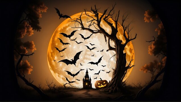 Halloween wallpaper with bats, trees, pumpkin, castle, full moon, dark fantasy scene
