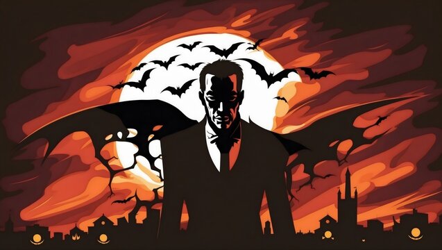 Illustration of a vampire and fallen dark angel on Halloween night with bats, full moon, and a man in a suit