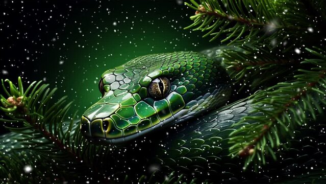Green tree snake on a green background with Christmas tree branches. Chinese new year. Loop. Falling snowflakes. Looped snow.