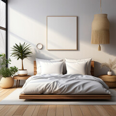 Vertical wall art frame mockup in bedroom interior, boho style, bed and wooden parquet floor 