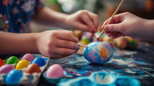hands of a child painting easter egg