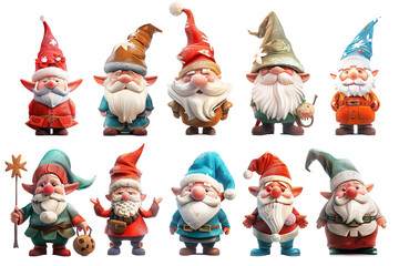 a collection of gnomes themed around various holidays such as Christmas, Easter, Halloween, etc., each with festive accessories and symbols isolated on white background