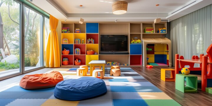 Stylish interior of modern playroom in kindergarten