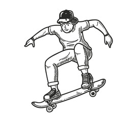 Skateboarding vector background, web banner, poster. One continuous line drawing of skater with lettering skateboarding.
